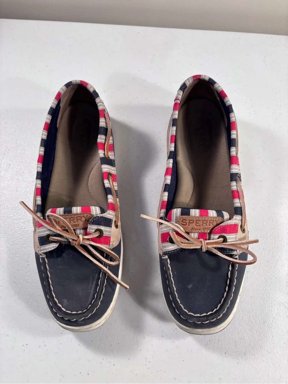 Sperry Navy women’s Boat Shoes with Red & Cream Striped Trim